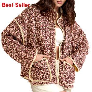 Women's Cropped Puffer Quilted Jacket Open Front Lightweight Vintage Floral